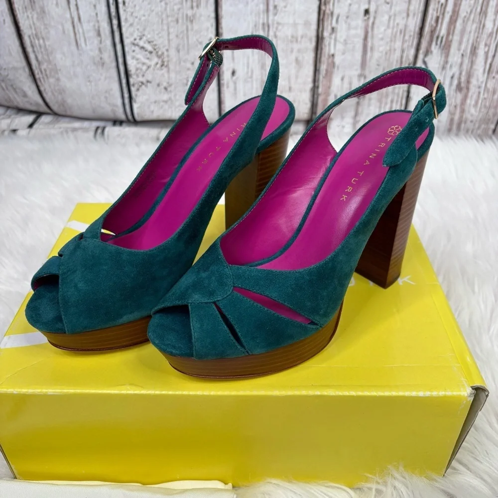 NIB New with‎ Box Trina Turk Joni Platform Suede Heels in Aqua Bloom Size 7.5